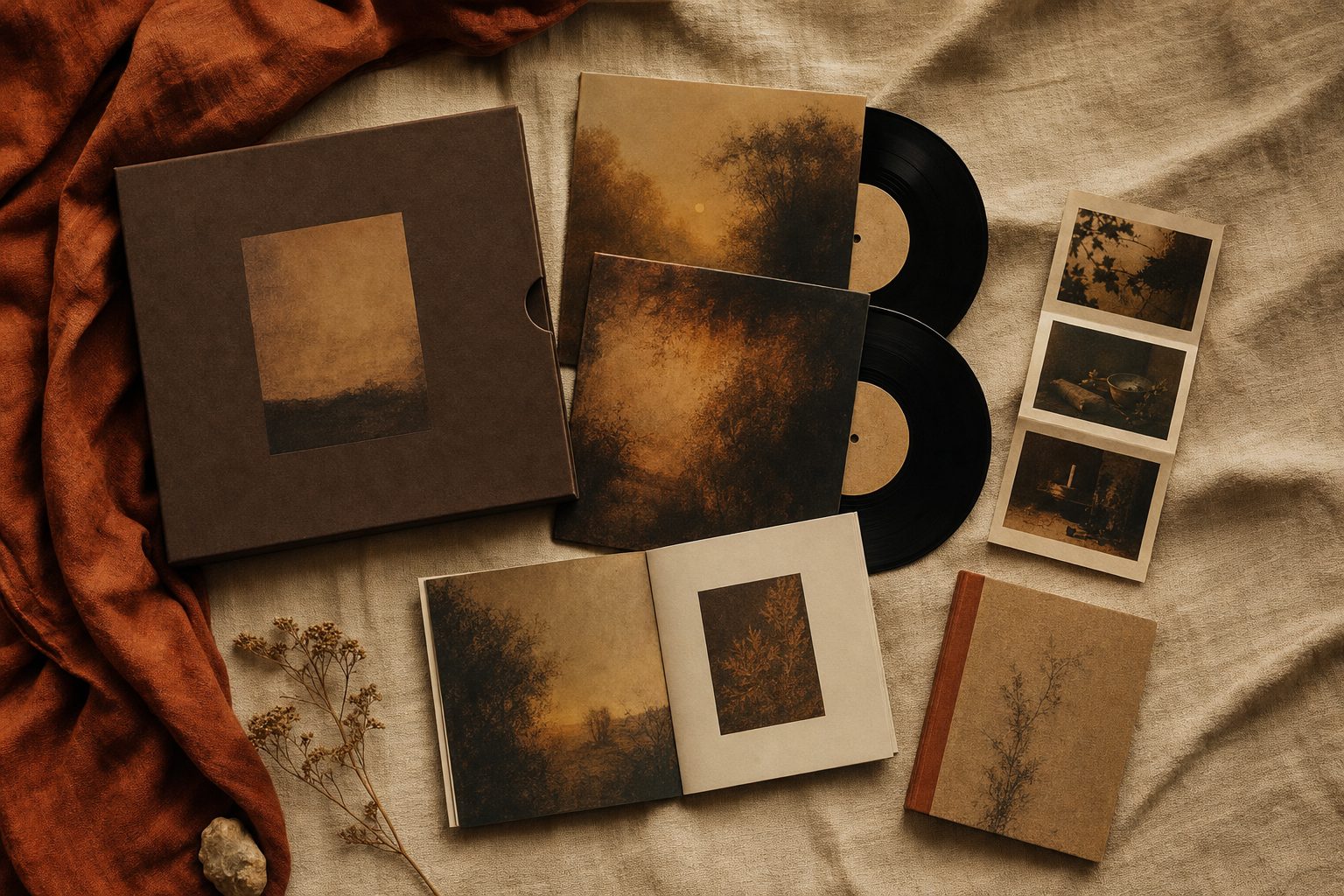 A vinyl box set laid out on cream linen with printed sleeves, a liner booklet and a strip of photographs