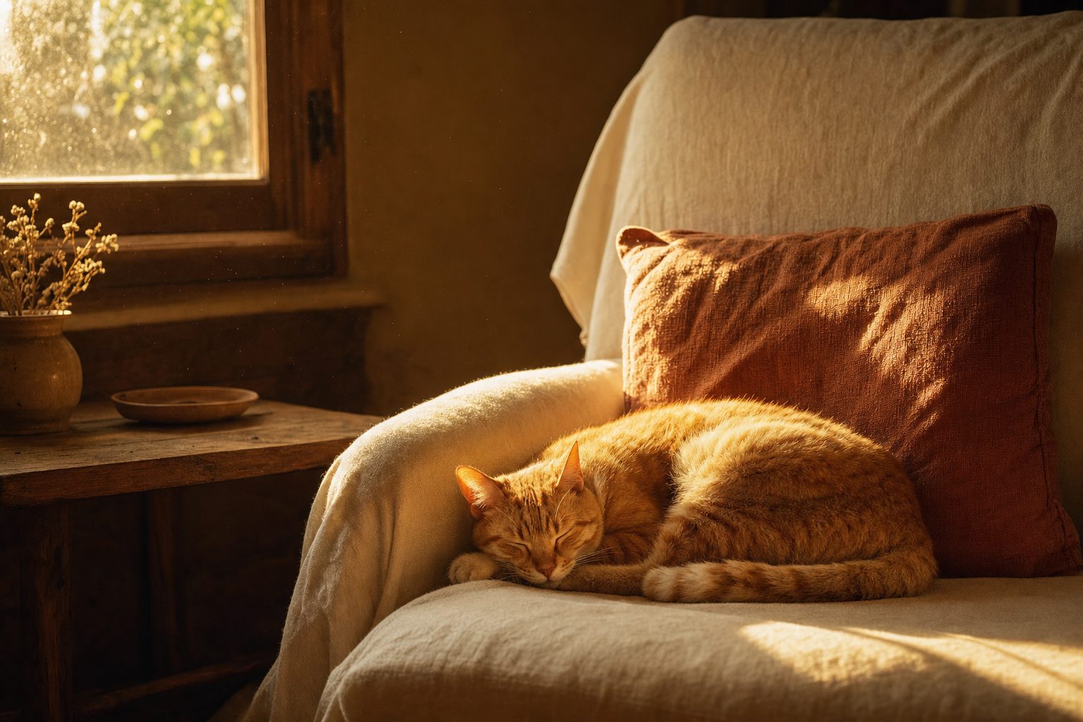 An orange tabby cat asleep in afternoon light on a cream armchair
