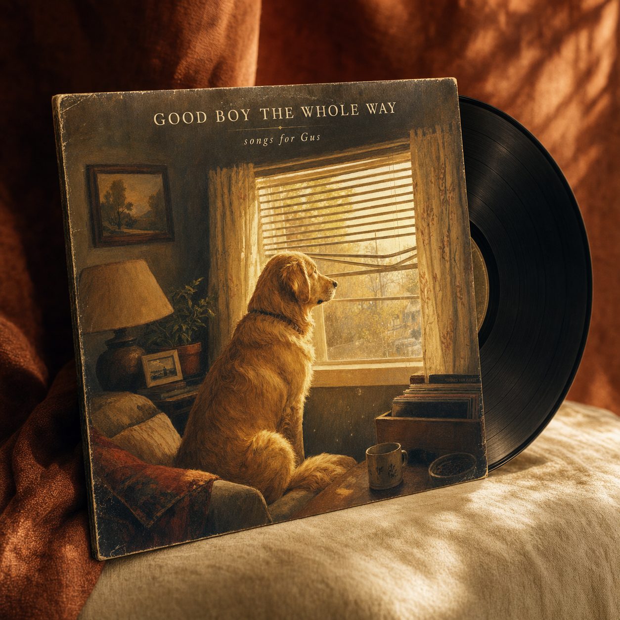 The pressed Gus EP: printed sleeve leaning upright with the black record half pulled out